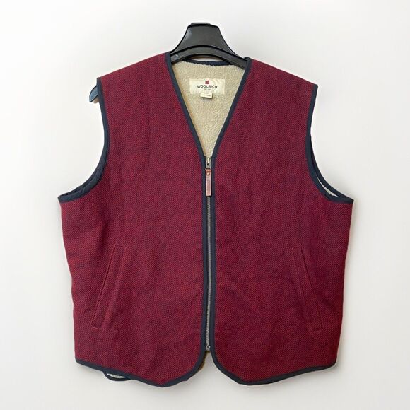 VTG Woolrich Vest Mens Large Red Black Wool Sherpa Lined Zip Lumberjack Outdoor - Picture 1 of 10